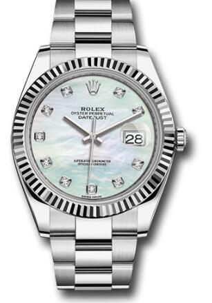Replica Rolex Steel and White Gold Rolesor Datejust 41 Watch 126334 Fluted Bezel White Mother-Of-Pearl Diamond Dial Oyster Bracelet